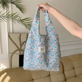 Borsa tote in tela a fiori con motivi floreali colorati ed etichetta tessuta per spesa - Floreale Viola