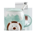 Light blue ceramic igloo mug with paw-design spoon and cute hedgehog pattern - Green Cup + Lid + Silicone Spoon