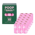 18 rolls of pink lavender-scented eco-friendly dog poop bags with green dispenser box. - Box Packaging / 18 Rolls Set / Pink