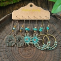 Bohemian 3-piece earring set featuring turquoise beads and vintage tassels - Spiral Disc Turquoise Woven Hoop Style (HQEF-1762)