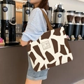 Brown cow pattern canvas tote bag with cute bear patch for students and daily casual use - Good Night Bear-Khaki