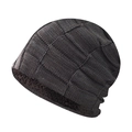Detail of winter plaid knit hat with soft fleece lining for extra warmth and insulation - Coffee