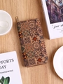 Bohemian long cork wallet with vintage tile print and gold zipper on wooden background - Style B