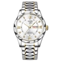 ORUSS men's quartz watch with white dial, luminous gold hands and two-tone steel band - Polygon Two-tone Strap (Silver Ring) - White Face