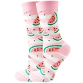Pink and white striped mid-calf socks with cute sliced watermelon patterns for women - Size 35-42 / Pink Watermelon
