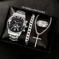 Business men's watch set with silver steel strap, cuban bracelet, cross necklace and ring - Style 7 (No Box)