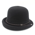 Women's black knit sun hat with brown braided leather band and silver buckle - M (56-58cm) / Black
