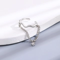 Silver wavy open ring featuring a delicate chain and a small sparkling zircon pendant - Silver Wave Chain Zirconia Ring (X204)