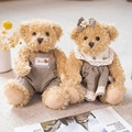 Pair of plush teddy bears in brown plaid outfits including overalls and a lace dress - 30cm Pair / Brown Plaid Skirt