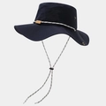 Detail of navy waterproof hiking hat featuring breathable metal vents and adjustable wind cord - Navy Blue