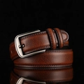 Men's brown leather belt with silver needle buckle for business and casual wear - 110cm / Brown