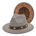 Gray wool felt jazz hat featuring leopard print lining and golden star metal studs - M (56-58cm) / Light Gray
