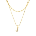 Double layered gold stainless steel necklace with a sparkling gemstone letter J pendant - Gold-Letter J