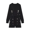 Long black beaded knit cardigan with v-neck and waist belt for a relaxed fit - S / Black