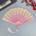 Pink lace folding fan with gold embroidery and silk tassel for elegant Chinese style - With Large Tassel / Pink