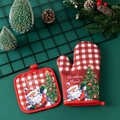 Christmas oven mitt and pot holder set with Santa and tree motifs in red plaid - Plaid Santa