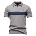 Close-up of grey cotton polo shirt featuring navy stripes and deer embroidery detail - Light Gray