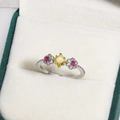 Silver ring with square yellow gem and floral red side stones on white velvet - Yellow Princess Cut Main Stone Red and White Flower Style (白金色21)