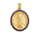Religious Guadalupe pendant with gold plating and a ring of sparkling blue crystals - M291135-Blue-Guadalupe Blue CZ