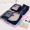 Navy blue polka dot travel organizer 6-piece set inside a blue and pink suitcase - Navy Blue Polka Dot