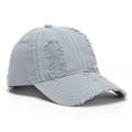 Distressed vintage grey denim baseball cap with blue contrast stitching and ripped detail - Grey (G)