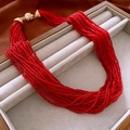 Three-layer vintage style red stone beaded necklace with a sparkling gold diamond clasp - 10# Necklace-Gold-Red