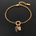 Stainless steel 14K gold plated bracelet with letter R and pink stone charm - Letter R