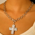 Silver-tone necklace with a textured pearl cross pendant and a chunky O-chain T-bar toggle - Silver Necklace (Pearl Cross A-164)