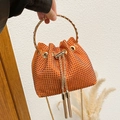 Elegant orange rhinestone bucket bag with golden ring handle and chic chain strap - Orange