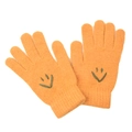 Detail of warm orange knitted gloves with green smile embroidery and ribbed cuffs - One Size / Yellow