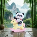 Cute panda riding a horse figurine holding a Mahjong tile on a stone path background - 1081-12 Lucky Riding Panda