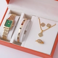 Golden watch and jewelry set featuring a green rectangular dial and love bracelet - Gold Green Rectangular Gem Letter Bangle Set (A5)