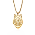 Detailed view of golden hollow geometric wolf head pendant with elegant box chain - Square Pearl Chain / Gold