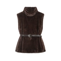 Donkerbruine vest van imitatiebont met hoge kraag en een elegante zwarte leren riem - S / Bruin