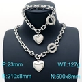Silver stainless steel thick chain necklace and bracelet set with heart pendants and OT buckle - 2-Piece Set (Necklace + Bracelet) / Steel