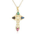 Détail du collier avec pendentif croix plaqué or 18 carats et zircons multicolores - Croix évidée dorée avec zircone colorée