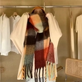 Rainbow plaid scarf for women with colorful tassels and thick mohair texture - Yellow & Brown Rainbow