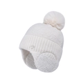 Off-white knit beanie with faux fur pom-pom, ear flaps and Super Girl metal tag - Cream