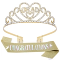 Golden graduation set with rhinestone metal GRAD crown and glittery congratulations sash - Dark Gold Rainbow Set (Glitter Cloth)