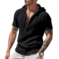 Detail of men's black linen hoodie shirt featuring henley button neck and drawstring hood - Black
