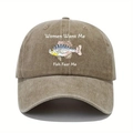 Classic khaki washed cotton baseball cap featuring Women Want Me Fish Fear Me fish graphic - One Size / Khaki