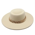 Detail of beige flat top wool hat featuring a bold gold link chain decorative band - M (56-58cm) / Beige