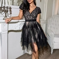 Elegantes schwarzes Spitzenkleid mit kurzem Arm, Netzrock und nudefarbenem Futter - XS / Schwarz