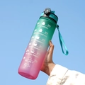 32oz green and pink gradient sports water bottle with time markers and carry strap - 1000ml / Green Red