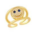 18K gold plated double layer smile face ring with blue zircon eyes and pave white crystals - Adjustable Open / Blue