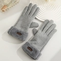 Gray winter thermal knitted gloves for women with thick faux fur cuffs and touch screen - Waffle Fur Cuff / Gray