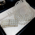 Detailed set of multi-layer pearl necklace, bracelet and earrings in a luxury gift box - Pearl Necklace Bracelet Earrings Set / White