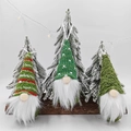 Three-piece knitted Christmas gnome ornaments with striped hats and white faux fur beards - Green/Set of 3