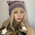 Handmade crochet cat ear beanie in purple stripe with white star charms for women - Adult 56-59cm / Purple Gradient
