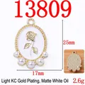 Vintage gold rose oval pendant with matte white oil finish and white faux pearls - 13809-KC Gold Plated-Matte White Enamel Pearl Rose